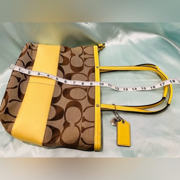 COACH - LIKE NEW!! Signature Monogram Brown/Khaki & Yellow Stripe Tote Bag - Picture 8 of 10